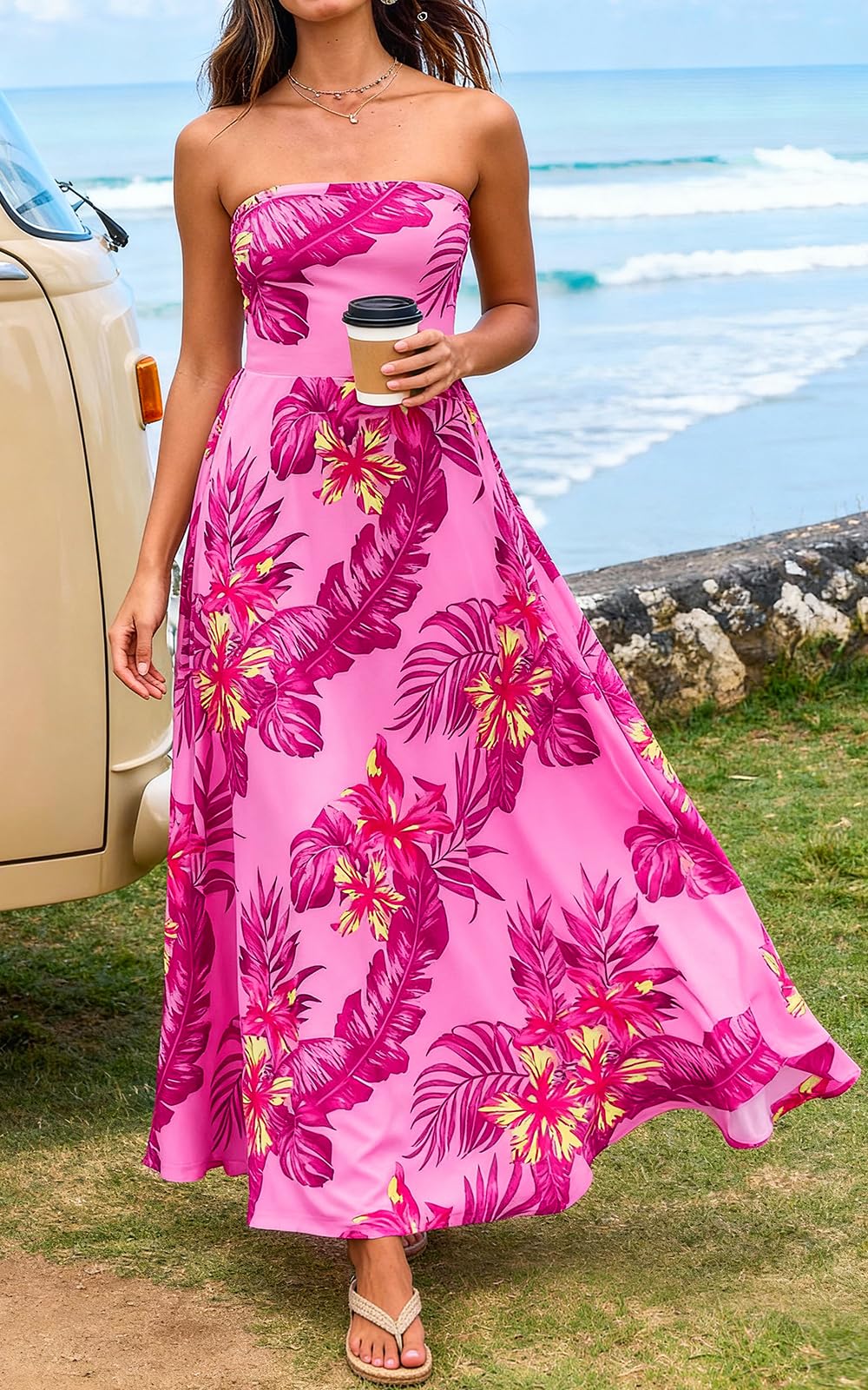PRETTYGARDEN Sleeveless Floral Summer Maxi Dresses for Women Tube Top Flowy Long Dress Tropical Beach Vacation Clothes