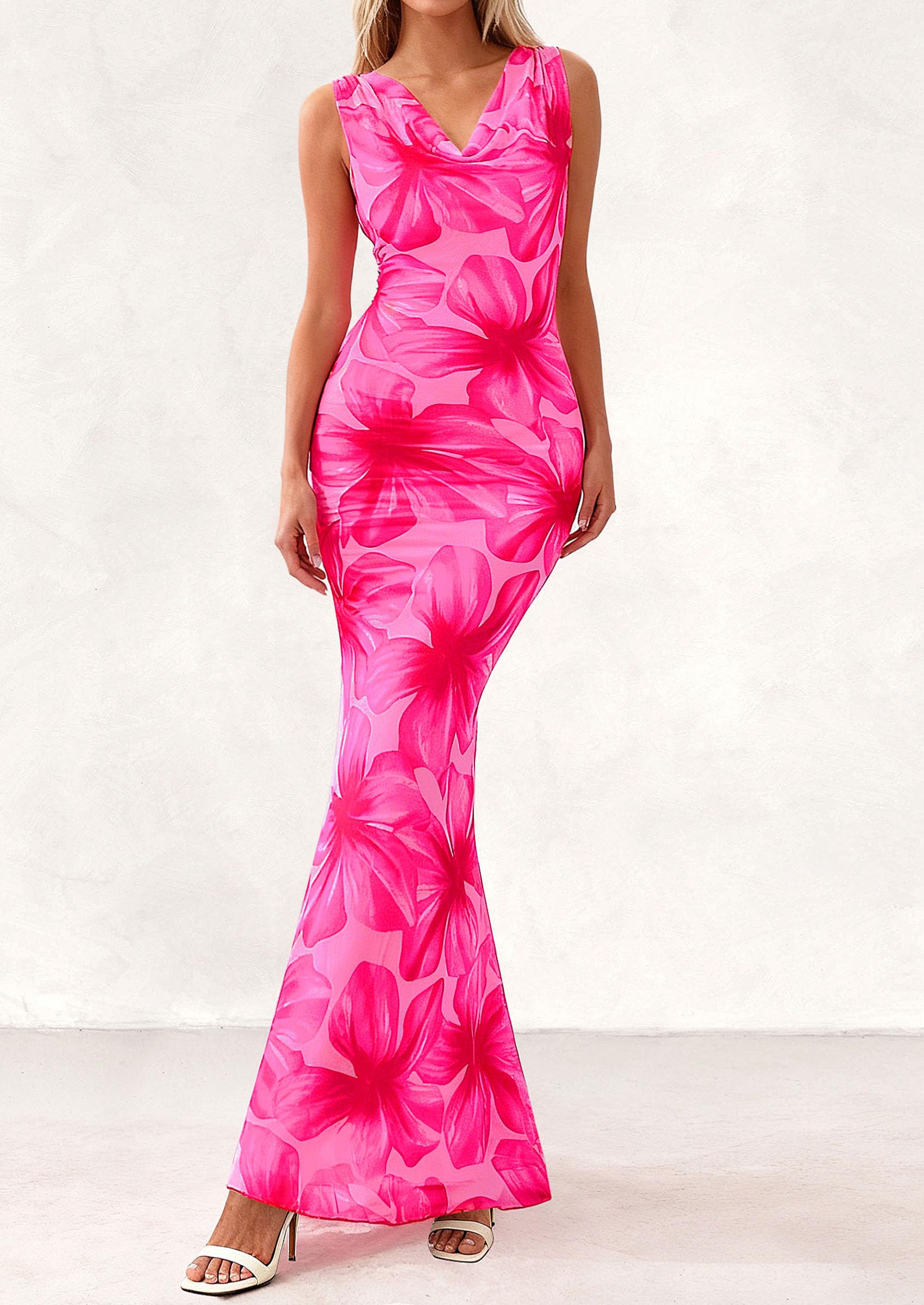 PRETTYGARDEN Women's Summer Cowl Neck Floral Maxi Dress Sleeveless Bodycon Beach Vacation Long Party Wedding Guest Dresses