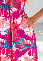PRETTYGARDEN Women Floral Boho Maxi Dresses Short Sleeve V Neck Smocked A Line Long Flowy Beach Vacation Dress