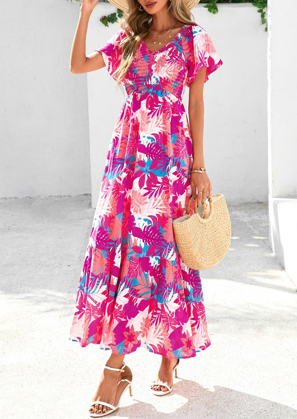 PRETTYGARDEN Women Floral Boho Maxi Dresses Short Sleeve V Neck Smocked A Line Long Flowy Beach Vacation Dress