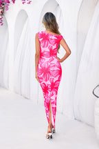 PRETTYGARDEN Women Summer One Shoulder Sleeveless Floral Maxi Dress Bodycon Ruched Mesh Formal Cocktail Wedding Guest Dresses
