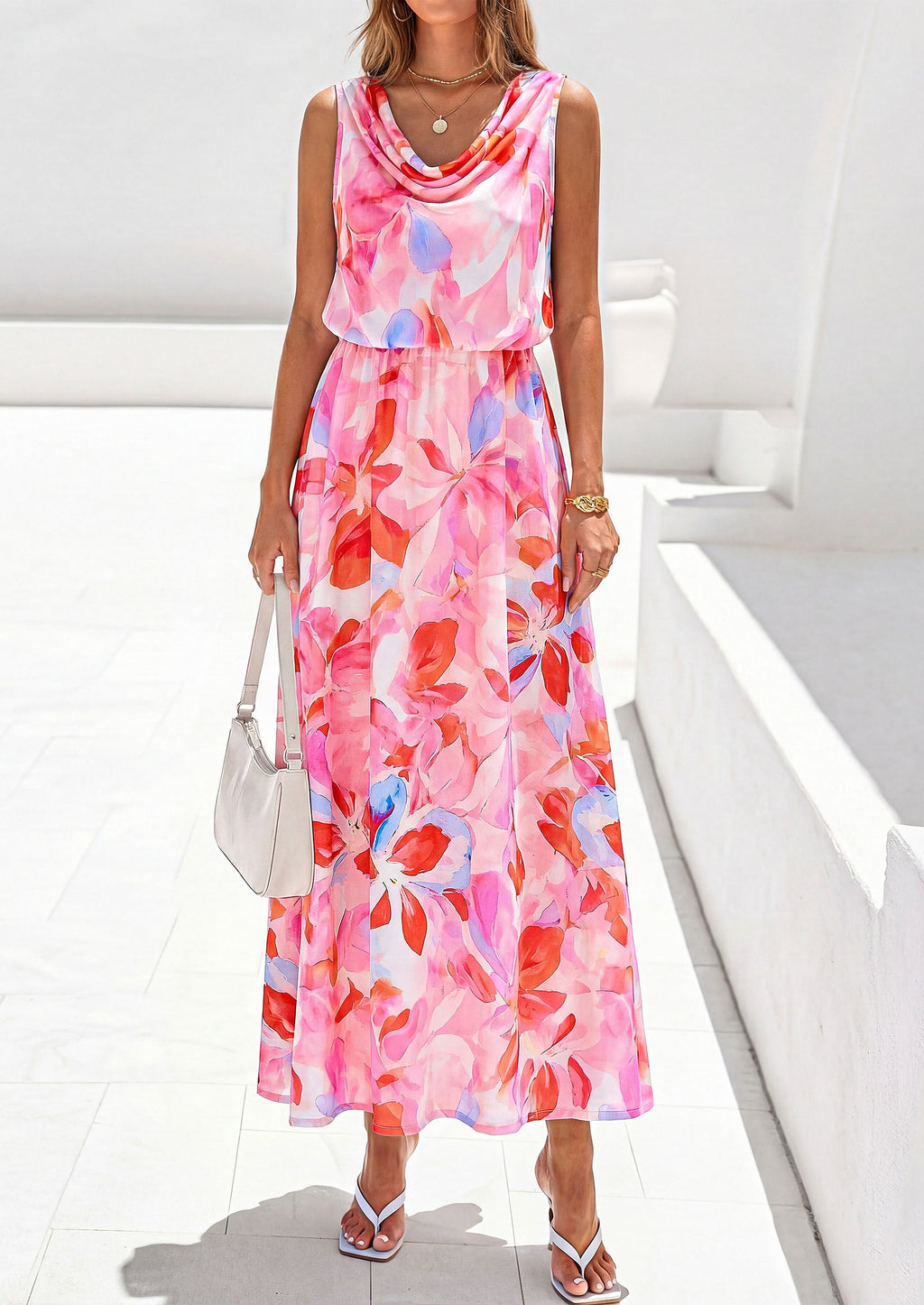 PRETTYGARDEN Womens Summer Floral Maxi Dresses Spring Sleeveless Cowl Neck Flowy Beach Vacation Wedding Guest Long Dress