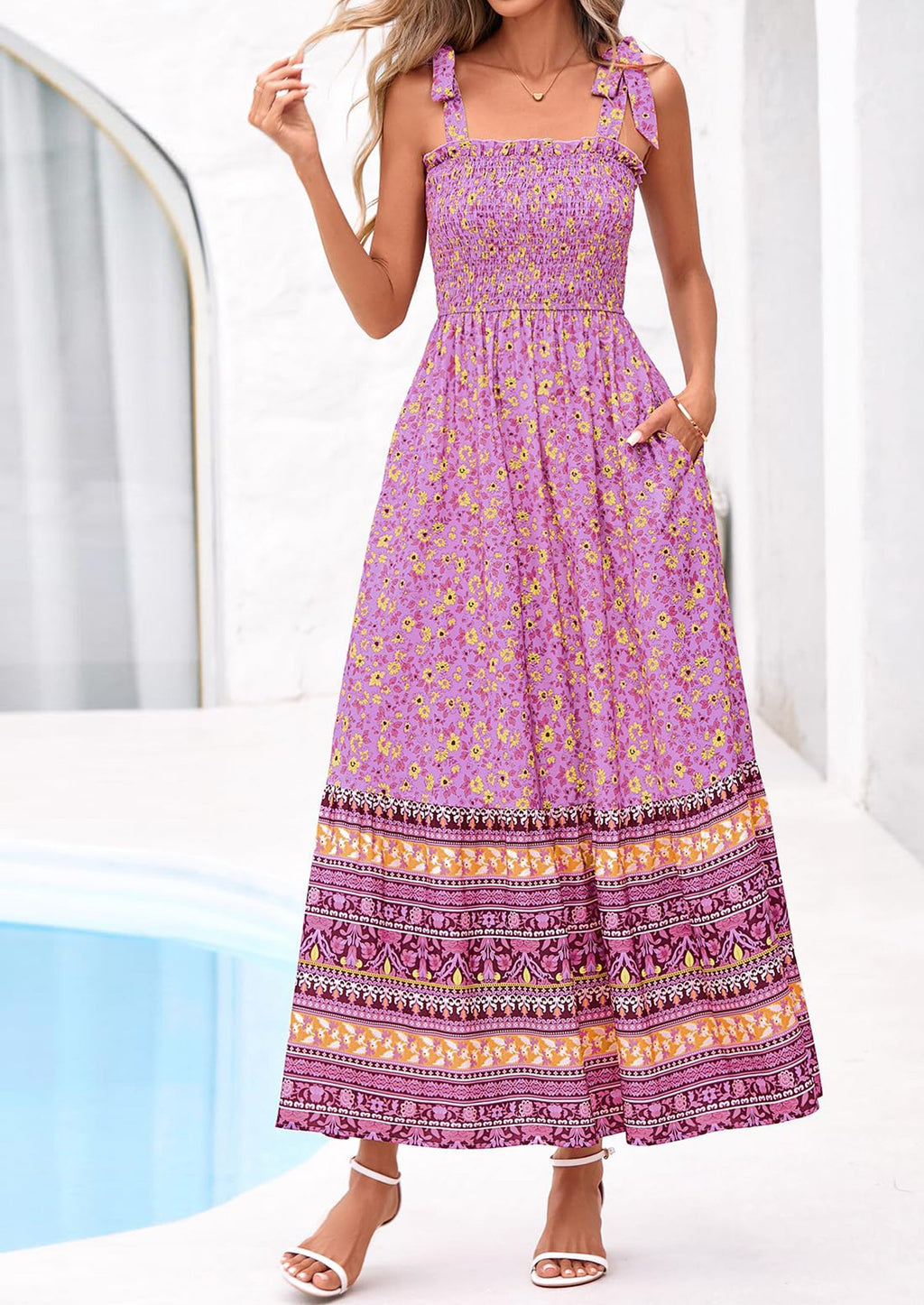 PRETTYGARDEN Women's Summer Maxi Dress Tie Straps Floral Beach Vacation Long Dresses Smocked Boho Sundress with Pockets