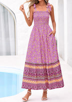 PRETTYGARDEN Women's Summer Maxi Dress Tie Straps Floral Beach Vacation Long Dresses Smocked Boho Sundress with Pockets