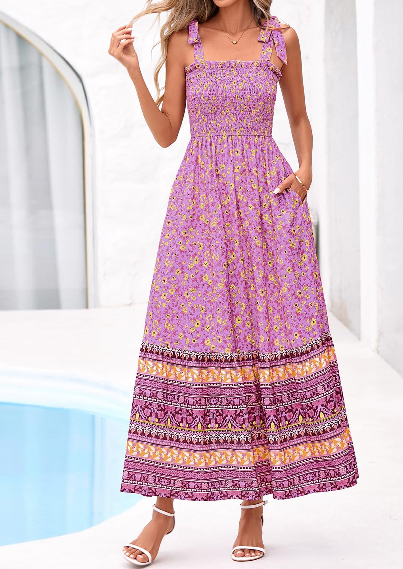 PRETTYGARDEN Women's Summer Maxi Dress Tie Straps Floral Beach Vacation Long Dresses Smocked Boho Sundress with Pockets