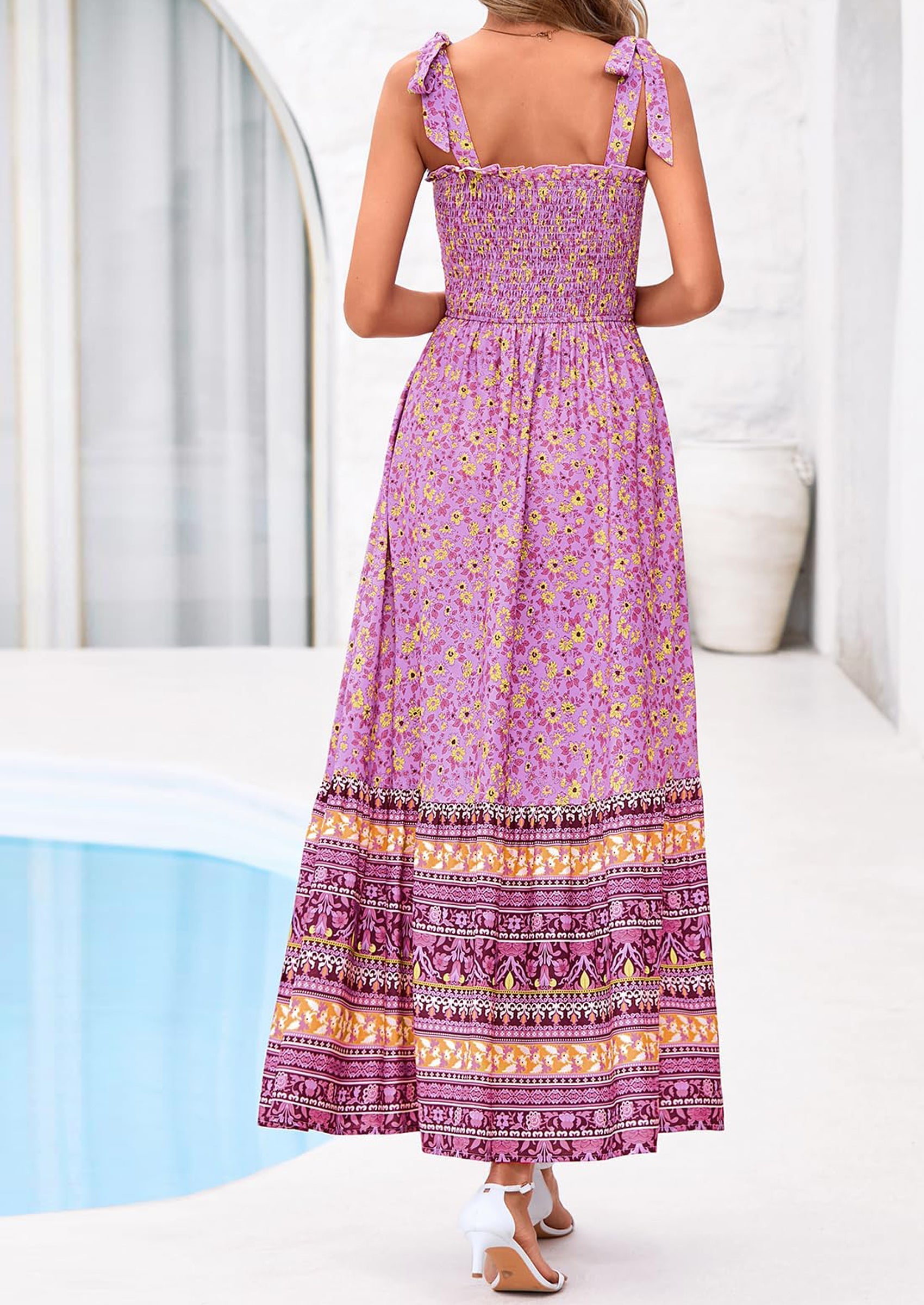 PRETTYGARDEN Women's Summer Maxi Dress Tie Straps Floral Beach Vacation Long Dresses Smocked Boho Sundress with Pockets