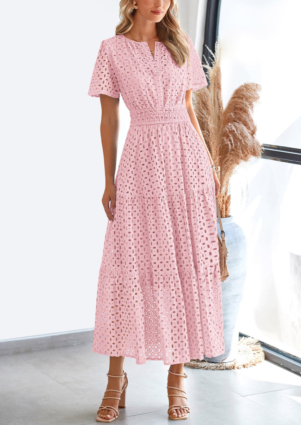 PRETTYGARDEN Womens Maxi Dress Short Sleeve V Neck Hollow Out Eyelet A Line Long Flowy Beach Vacation Dresses