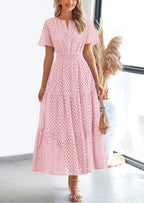 PRETTYGARDEN Womens Maxi Dress Short Sleeve V Neck Hollow Out Eyelet A Line Long Flowy Beach Vacation Dresses