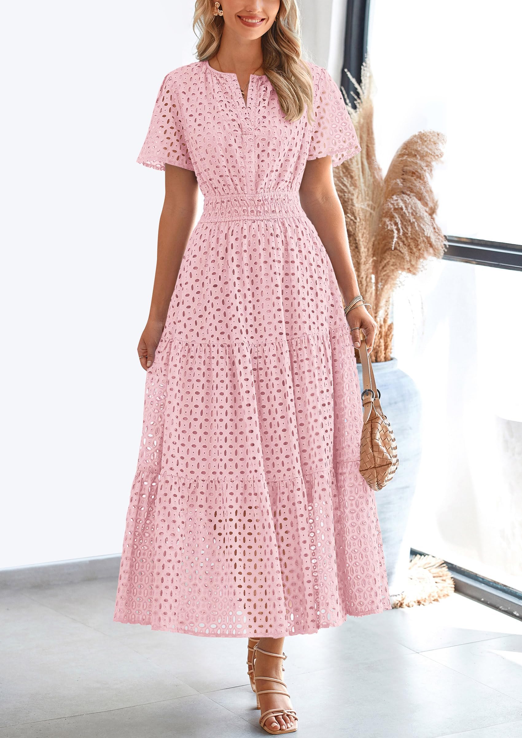 PRETTYGARDEN Womens Maxi Dress Short Sleeve V Neck Hollow Out Eyelet A Line Long Flowy Beach Vacation Dresses