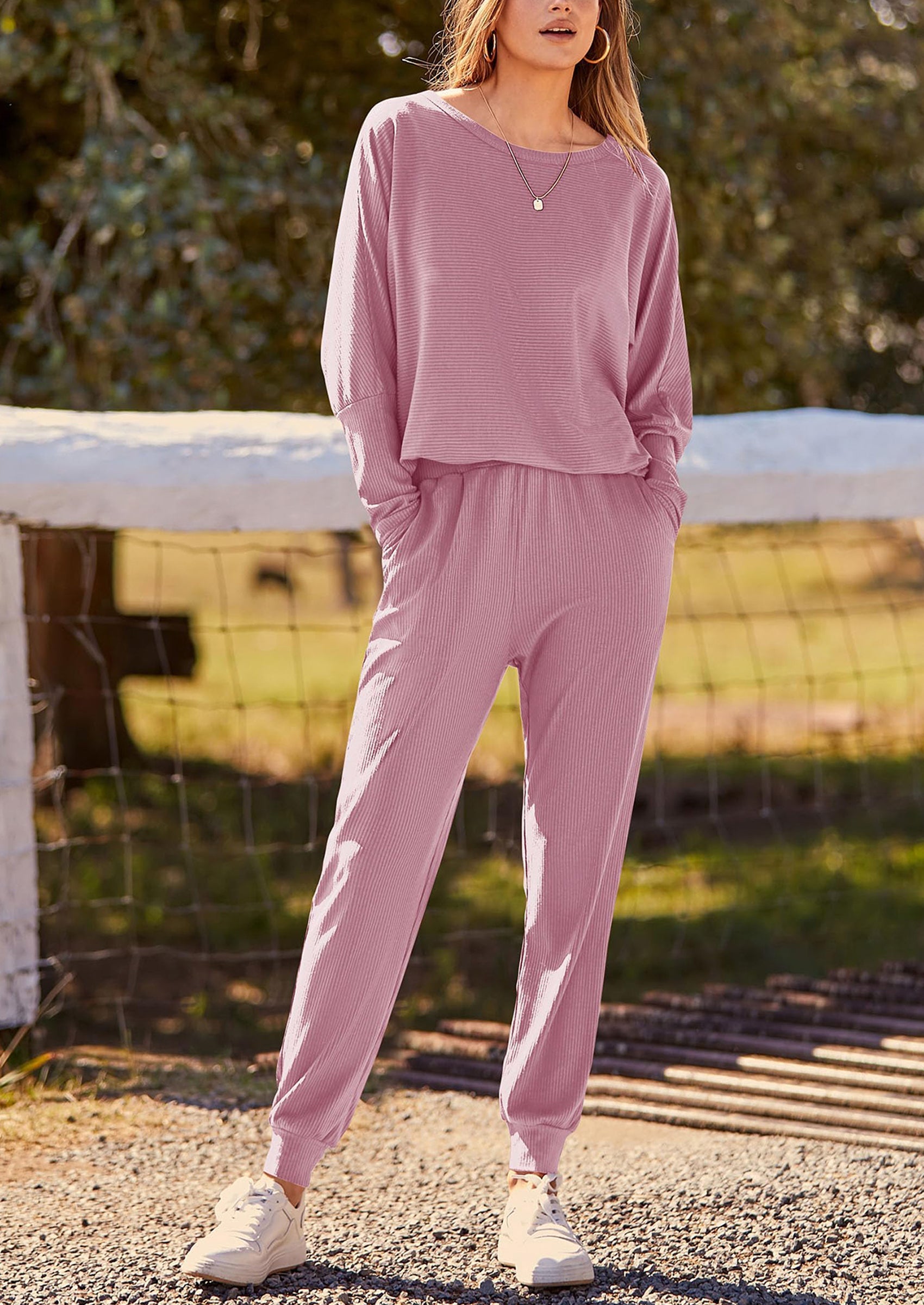 PRETTYGARDEN Women's Fall 2 Piece Lounge Set Long Sleeve Tops Ribbed Pants Spring Matching Sweatsuit Travel Outfits Clothes