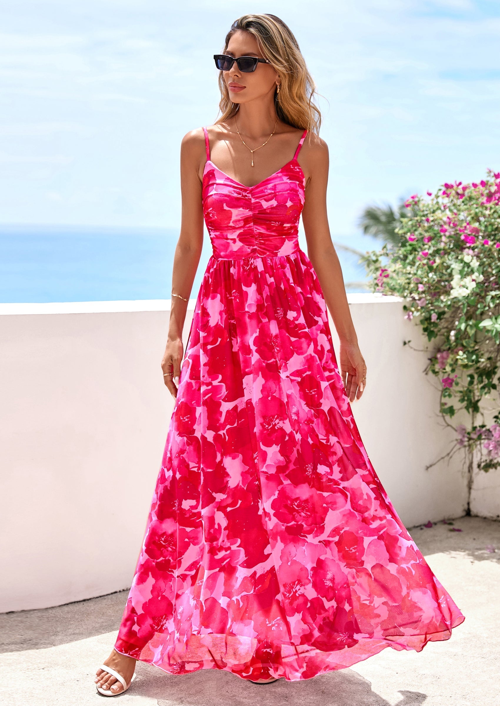 PRETTYGARDEN Women's Floral Maxi Dress Summer Outfits Spaghetti Strap Flowy Long Sundress Beach Vacation Boho Dresses