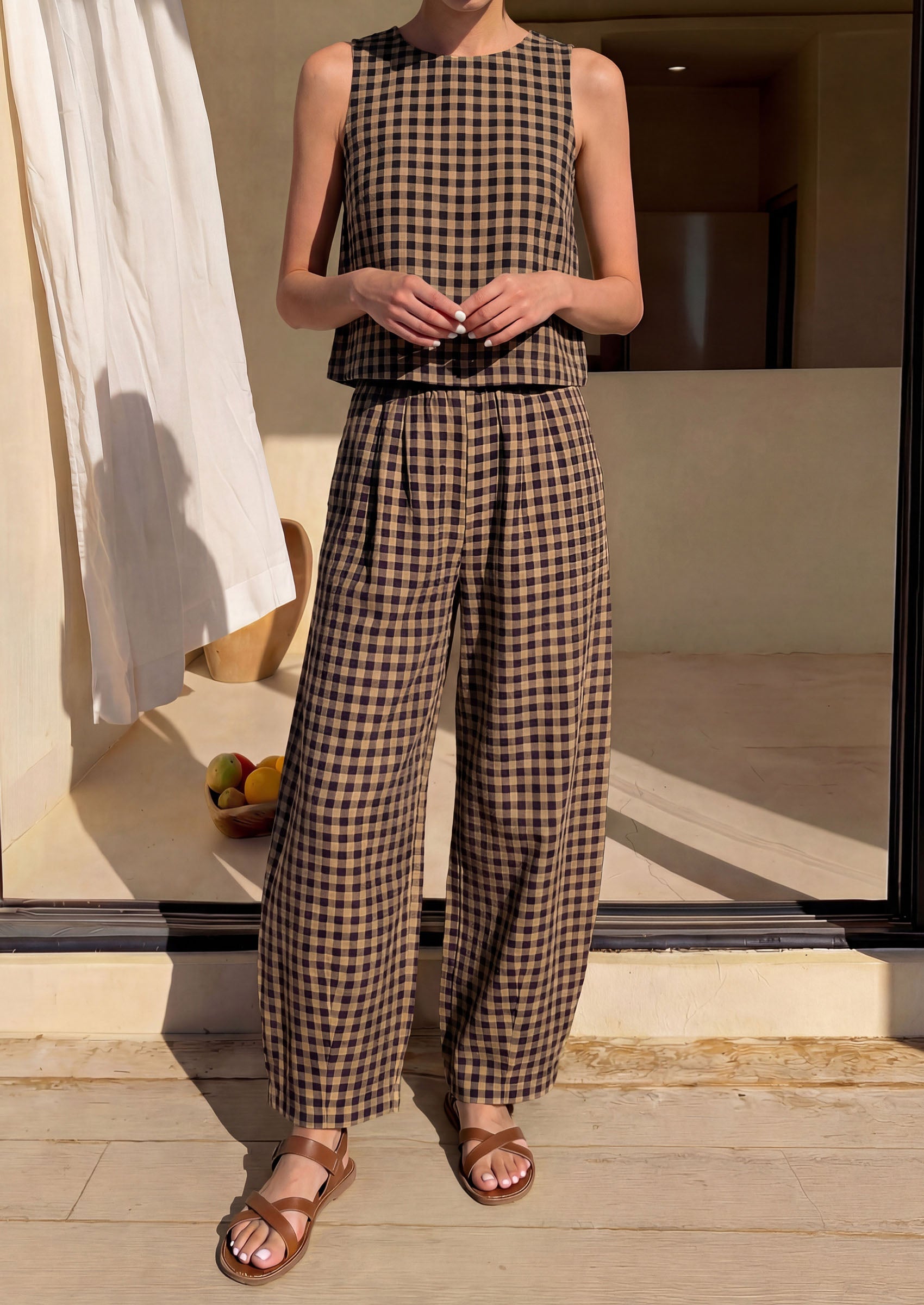 PRETTYGARDEN Womens 2 Piece Sets Summer Plaid Sleeveless Tops Wide Leg Pants Matching Lounge Set Beach Vacation Outfits