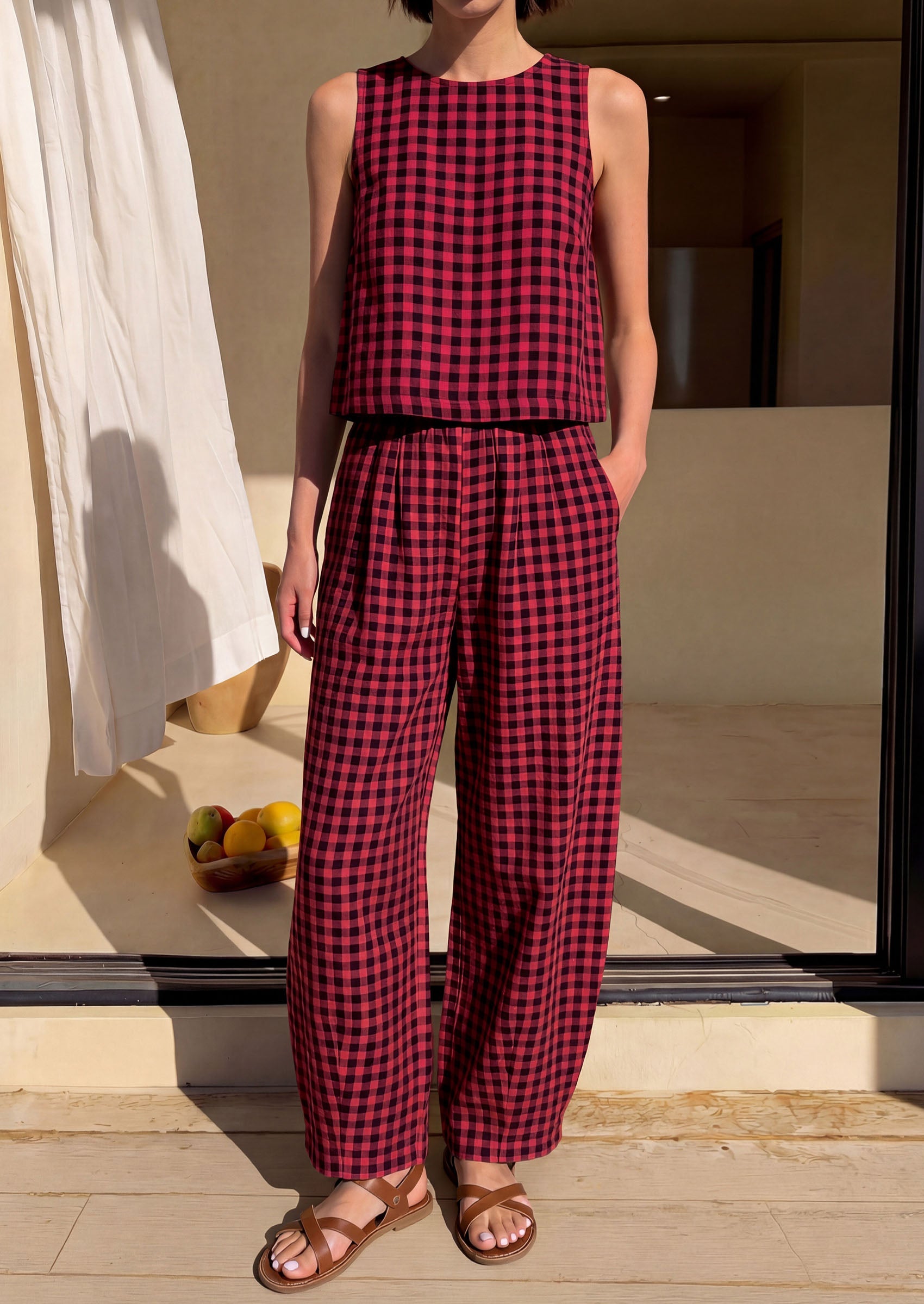 PRETTYGARDEN Womens 2 Piece Sets Summer Plaid Sleeveless Tops Wide Leg Pants Matching Lounge Set Beach Vacation Outfits