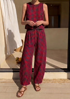 PRETTYGARDEN Womens 2 Piece Sets Summer Plaid Sleeveless Tops Wide Leg Pants Matching Lounge Set Beach Vacation Outfits