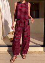 PRETTYGARDEN Womens 2 Piece Sets Summer Plaid Sleeveless Tops Wide Leg Pants Matching Lounge Set Beach Vacation Outfits