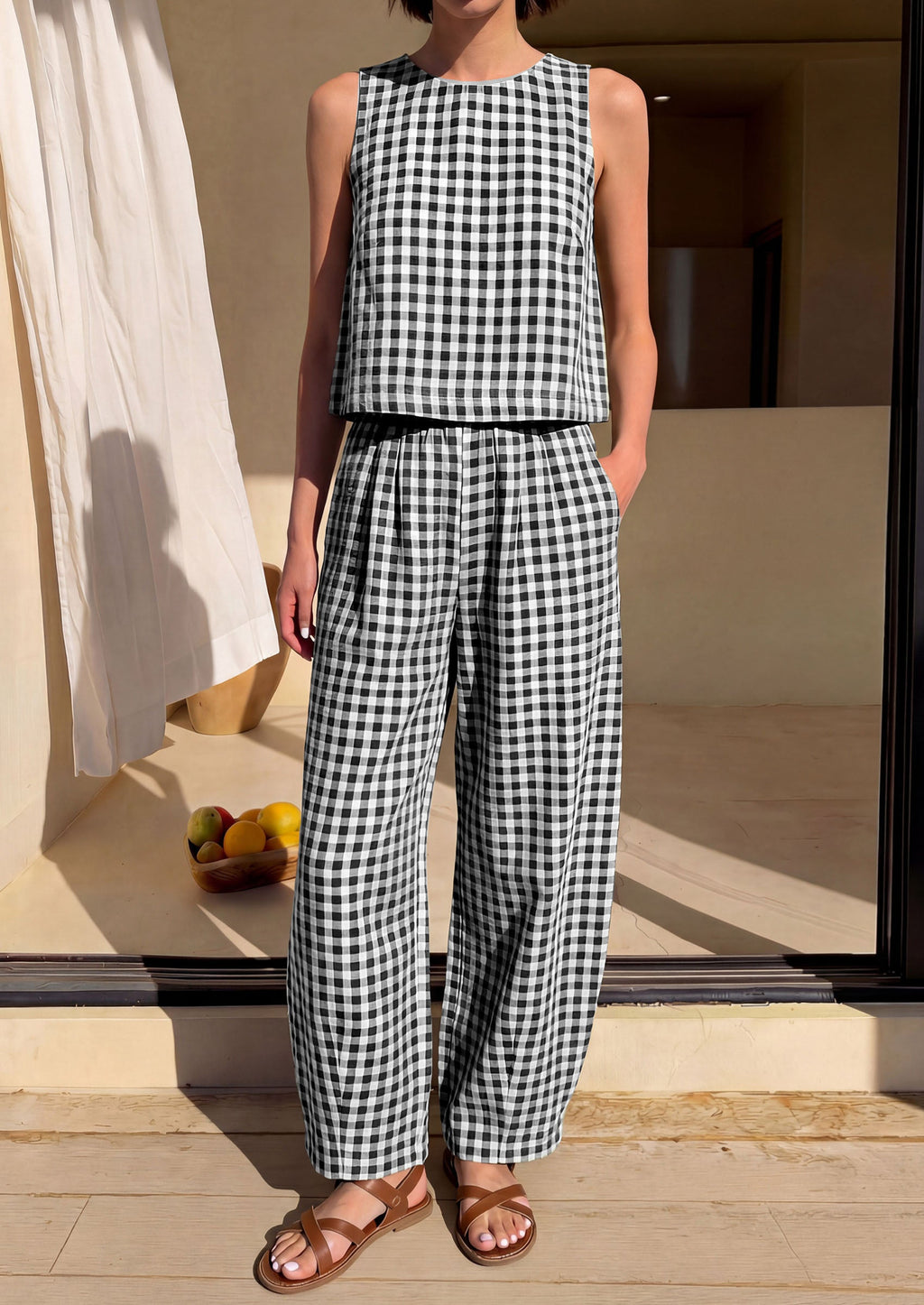 PRETTYGARDEN Womens 2 Piece Sets Summer Plaid Sleeveless Tops Wide Leg Pants Matching Lounge Set Beach Vacation Outfits
