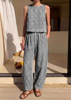 PRETTYGARDEN Womens 2 Piece Sets Summer Plaid Sleeveless Tops Wide Leg Pants Matching Lounge Set Beach Vacation Outfits