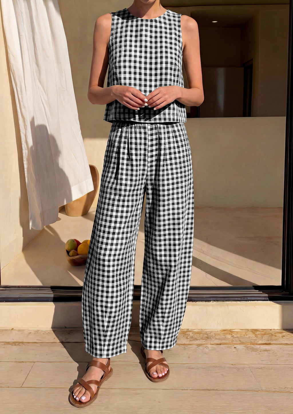 PRETTYGARDEN Womens 2 Piece Sets Summer Plaid Sleeveless Tops Wide Leg Pants Matching Lounge Set Beach Vacation Outfits