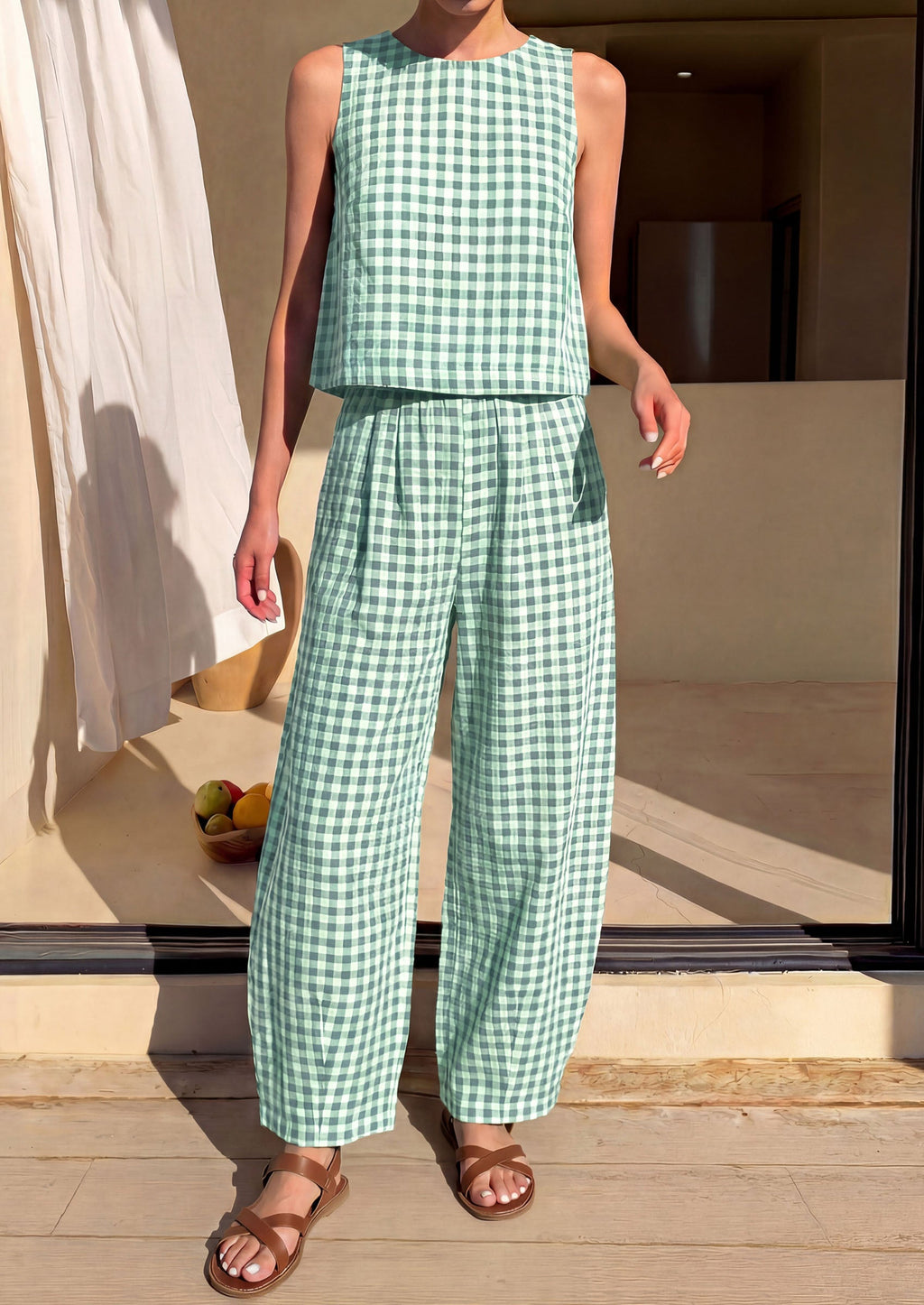 PRETTYGARDEN Womens 2 Piece Sets Summer Plaid Sleeveless Tops Wide Leg Pants Matching Lounge Set Beach Vacation Outfits
