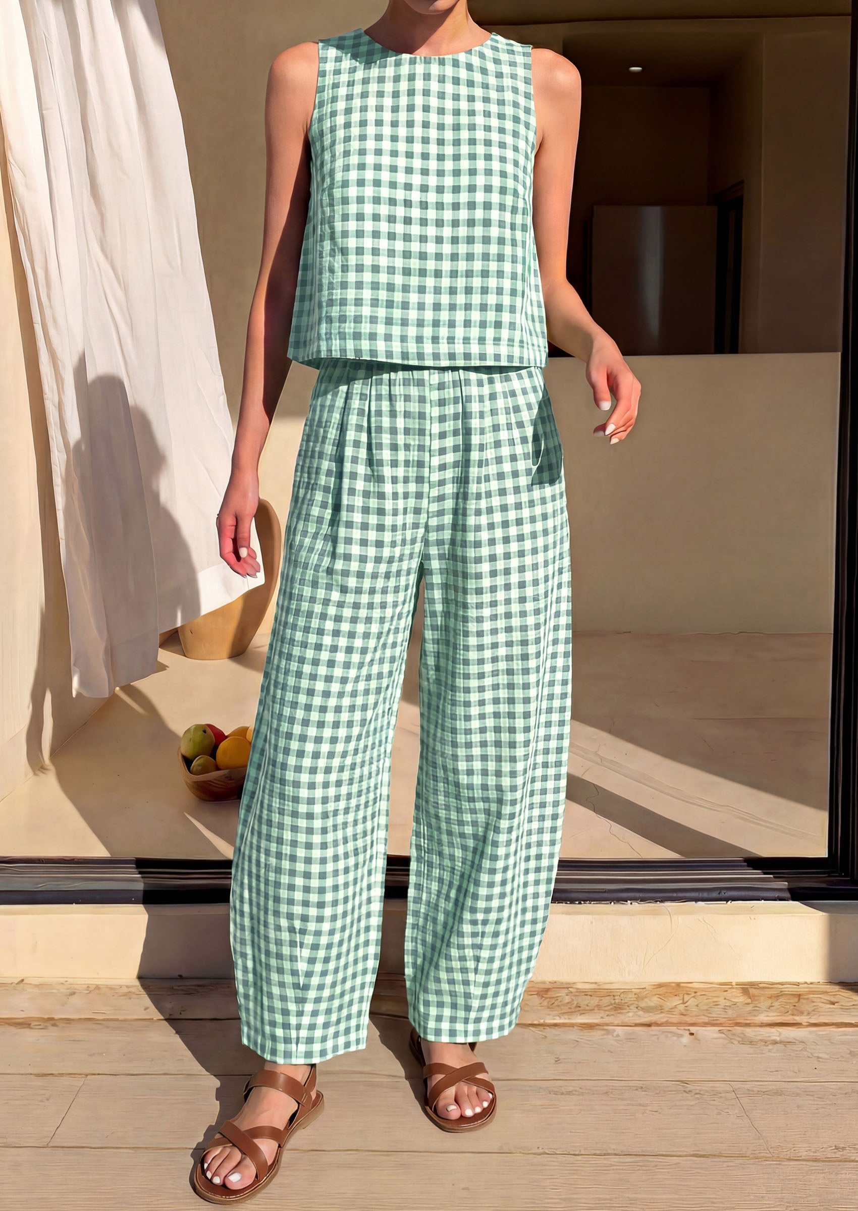 PRETTYGARDEN Womens 2 Piece Sets Summer Plaid Sleeveless Tops Wide Leg Pants Matching Lounge Set Beach Vacation Outfits