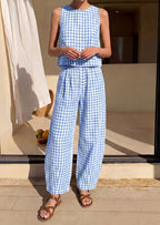 PRETTYGARDEN Womens 2 Piece Sets Summer Plaid Sleeveless Tops Wide Leg Pants Matching Lounge Set Beach Vacation Outfits