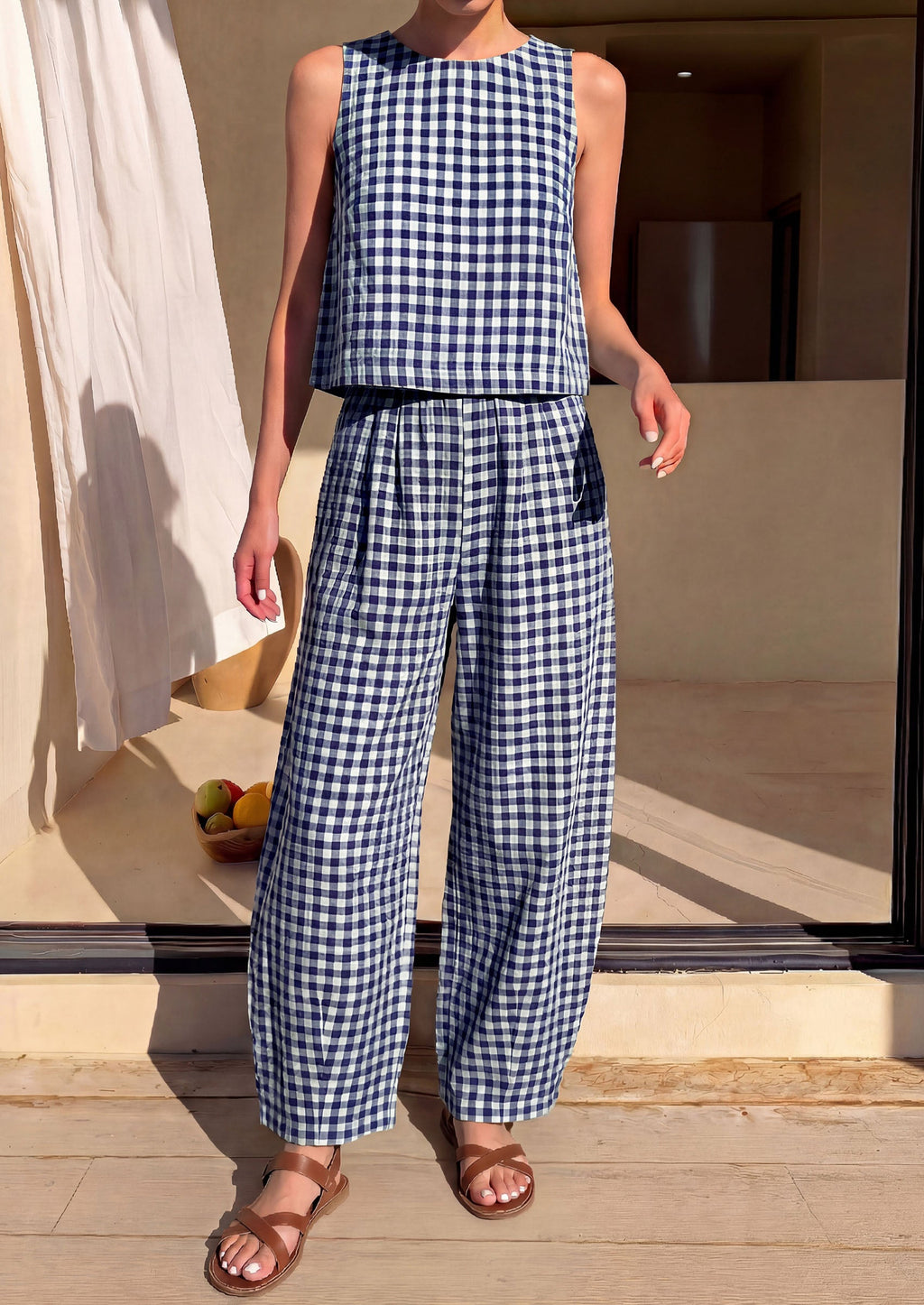 PRETTYGARDEN Womens 2 Piece Sets Summer Plaid Sleeveless Tops Wide Leg Pants Matching Lounge Set Beach Vacation Outfits