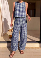 PRETTYGARDEN Womens 2 Piece Sets Summer Plaid Sleeveless Tops Wide Leg Pants Matching Lounge Set Beach Vacation Outfits
