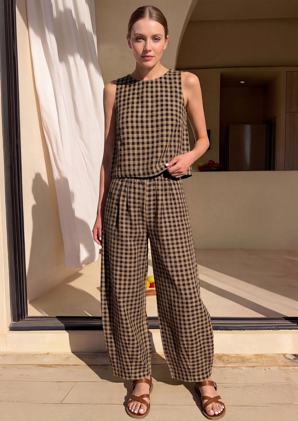 PRETTYGARDEN Womens 2 Piece Sets Summer Plaid Sleeveless Tops Wide Leg Pants Matching Lounge Set Beach Vacation Outfits