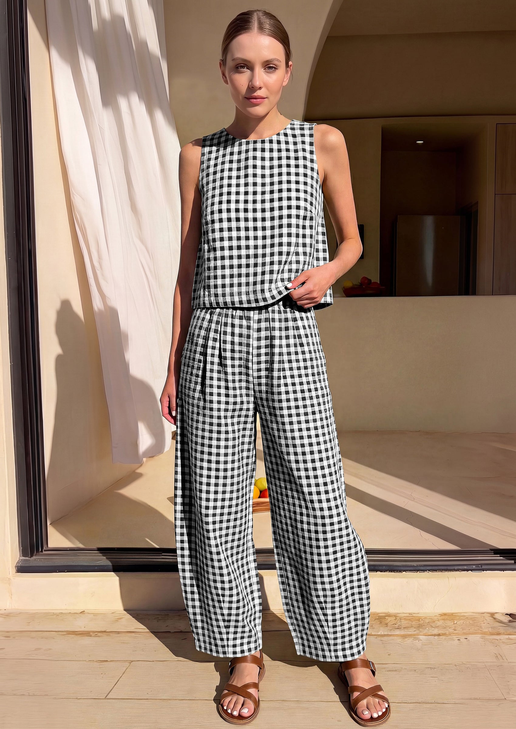 PRETTYGARDEN Womens 2 Piece Sets Summer Plaid Sleeveless Tops Wide Leg Pants Matching Lounge Set Beach Vacation Outfits