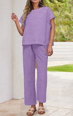 PRETTYGARDEN 2 Piece Outfits For Women Casual Tracksuit Short Sleeve Tops And Wide Leg Long Pants Matching Lounge Sets