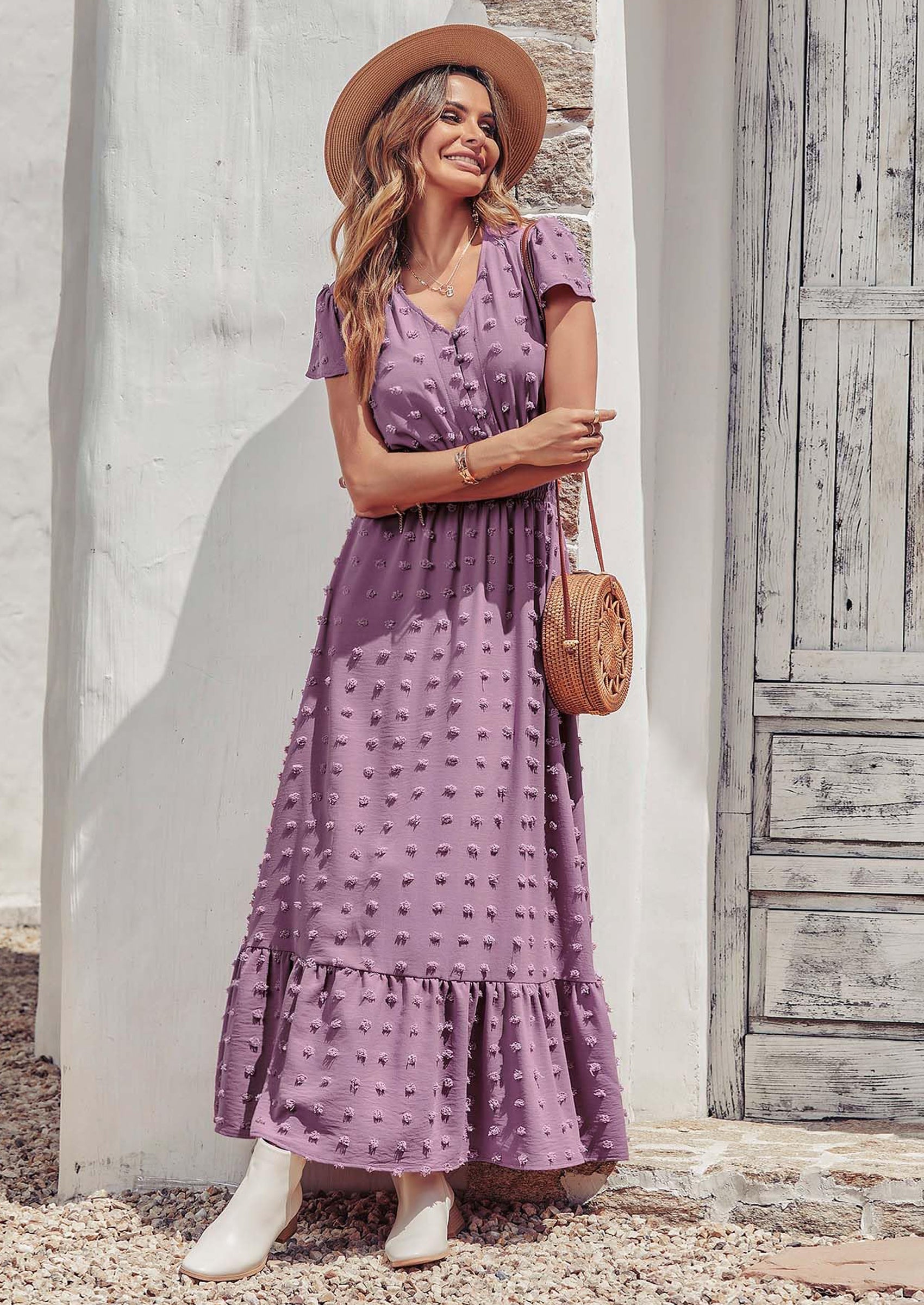 PRETTYGARDEN Womens Dresses Summer Maxi Dress Boho Short Sleeve V Neck Swiss Dot Ruffle Tiered Smocked Flowy Long Dress