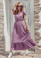 PRETTYGARDEN Womens Dresses Summer Maxi Dress Boho Short Sleeve V Neck Swiss Dot Ruffle Tiered Smocked Flowy Long Dress