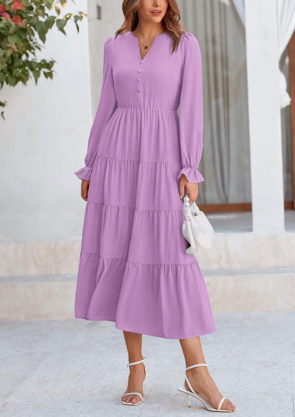 PRETTYGARDEN Women Fall Long Sleeve Smocked Maxi Dress Casual Square Neck Swiss Dot Tiered Ruffle Flowy Spring Pocket Dresses