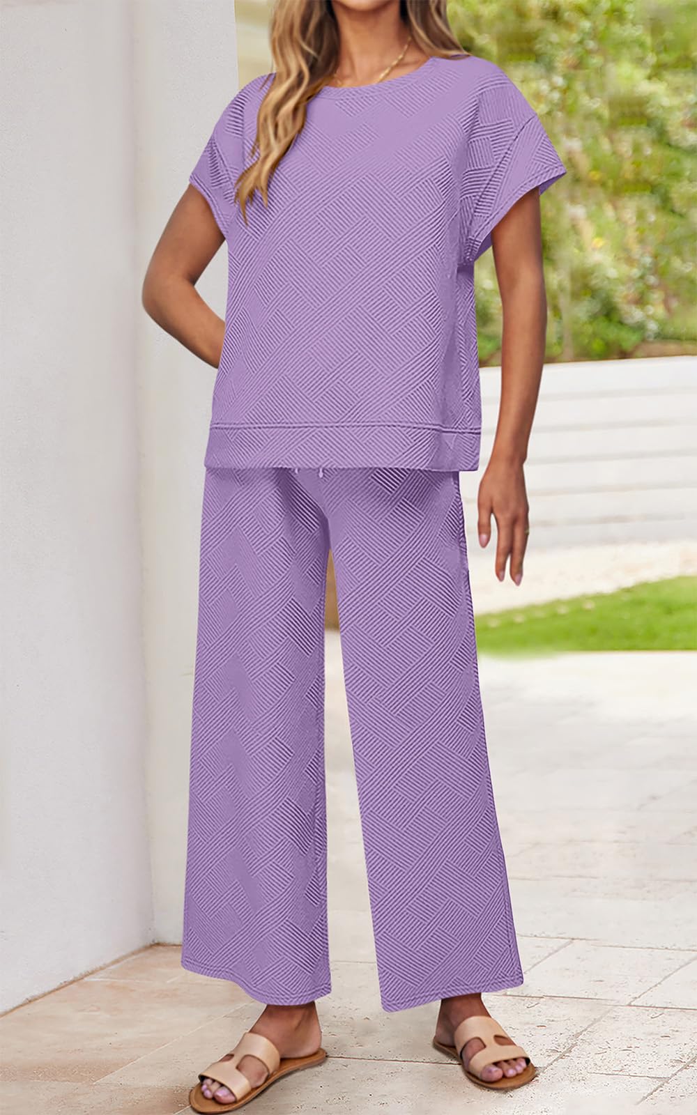 PRETTYGARDEN 2 Piece Outfits For Women Casual Tracksuit Short Sleeve Tops And Wide Leg Long Pants Matching Lounge Sets