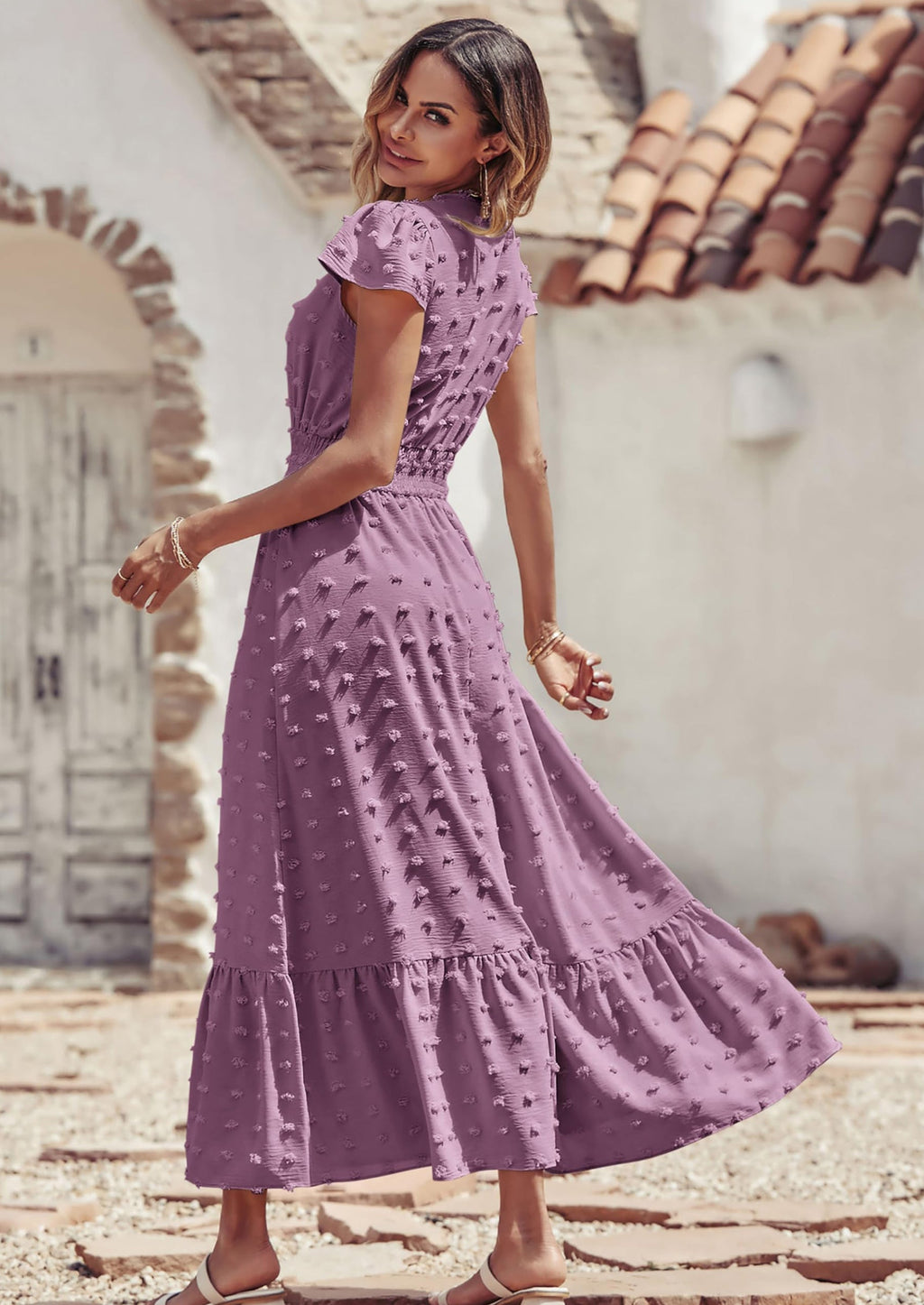 PRETTYGARDEN Womens Dresses Summer Maxi Dress Boho Short Sleeve V Neck Swiss Dot Ruffle Tiered Smocked Flowy Long Dress