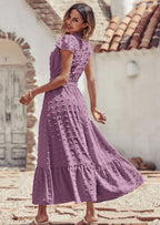 PRETTYGARDEN Womens Dresses Summer Maxi Dress Boho Short Sleeve V Neck Swiss Dot Ruffle Tiered Smocked Flowy Long Dress