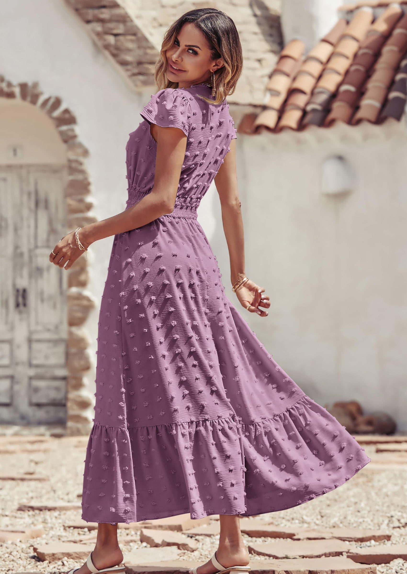 PRETTYGARDEN Womens Dresses Summer Maxi Dress Boho Short Sleeve V Neck Swiss Dot Ruffle Tiered Smocked Flowy Long Dress
