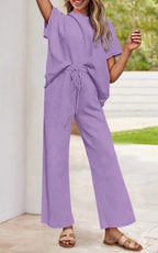 PRETTYGARDEN 2 Piece Outfits For Women Casual Tracksuit Short Sleeve Tops And Wide Leg Long Pants Matching Lounge Sets