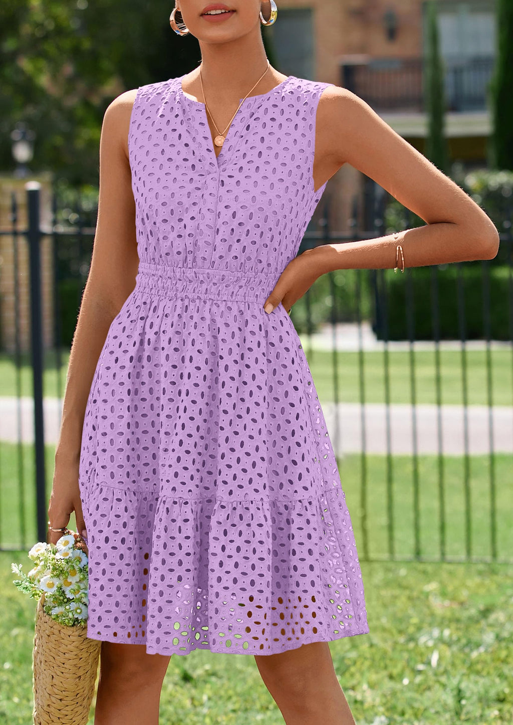 PRETTYGARDEN Women's Summer Dresses Sleeveless V Neck Eyelet Hollow Out Swing A Line Beach Vacation Sun Dress