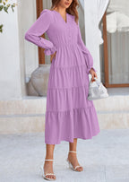 PRETTYGARDEN Women Fall Long Sleeve Smocked Maxi Dress Casual Square Neck Swiss Dot Tiered Ruffle Flowy Spring Pocket Dresses