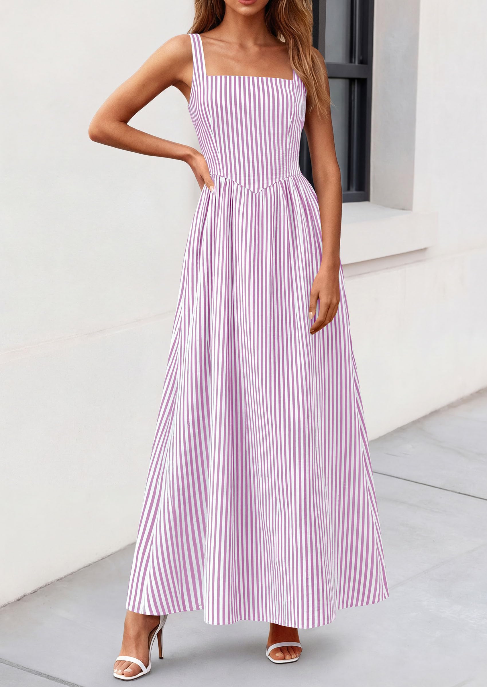 PRETTYGARDEN Women's Maxi Striped Dress Summer Sleeveless Square Neck Smocked A Line Long Flowy Spring Vacation Sundress