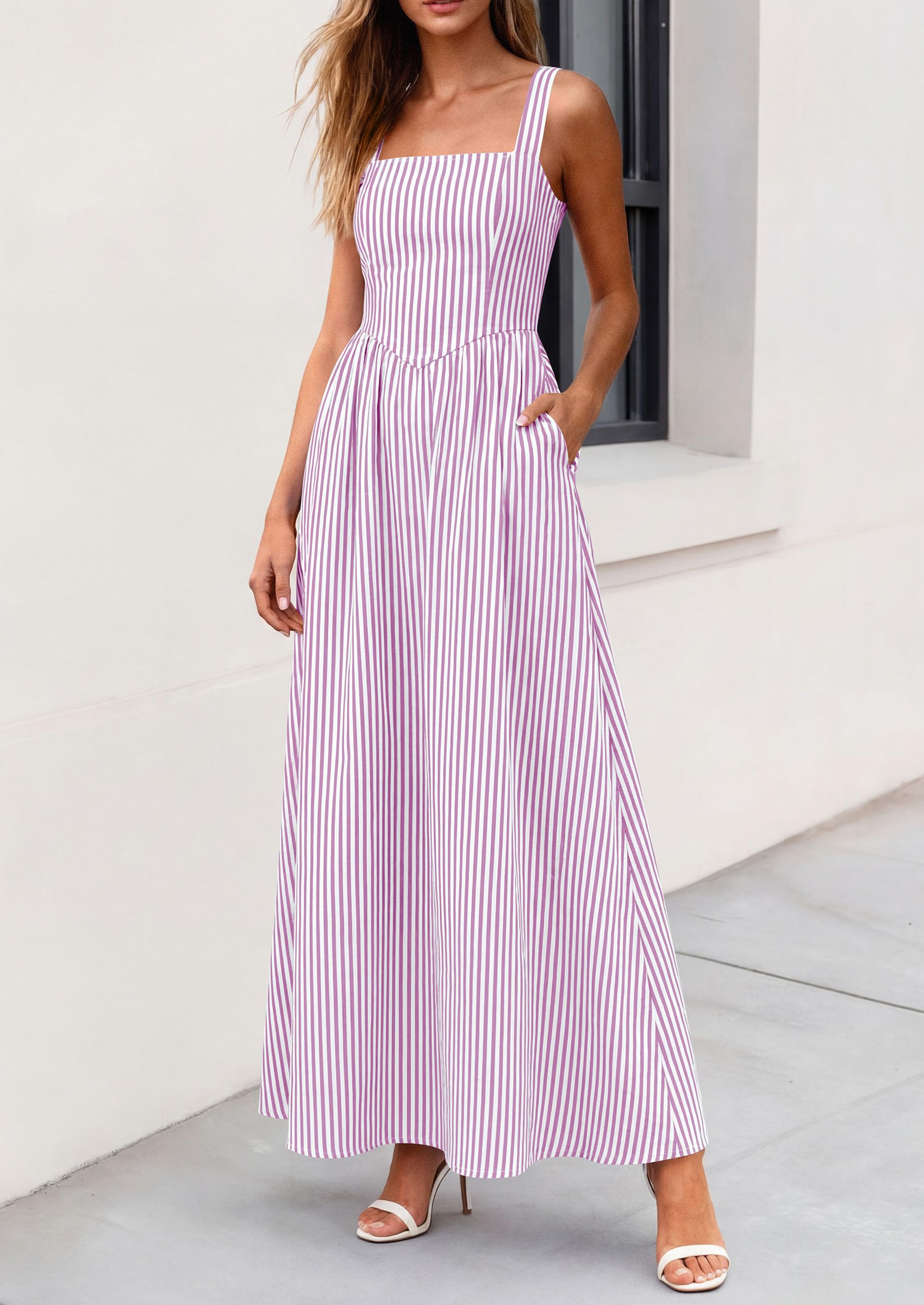 PRETTYGARDEN Women's Maxi Striped Dress Summer Sleeveless Square Neck Smocked A Line Long Flowy Spring Vacation Sundress
