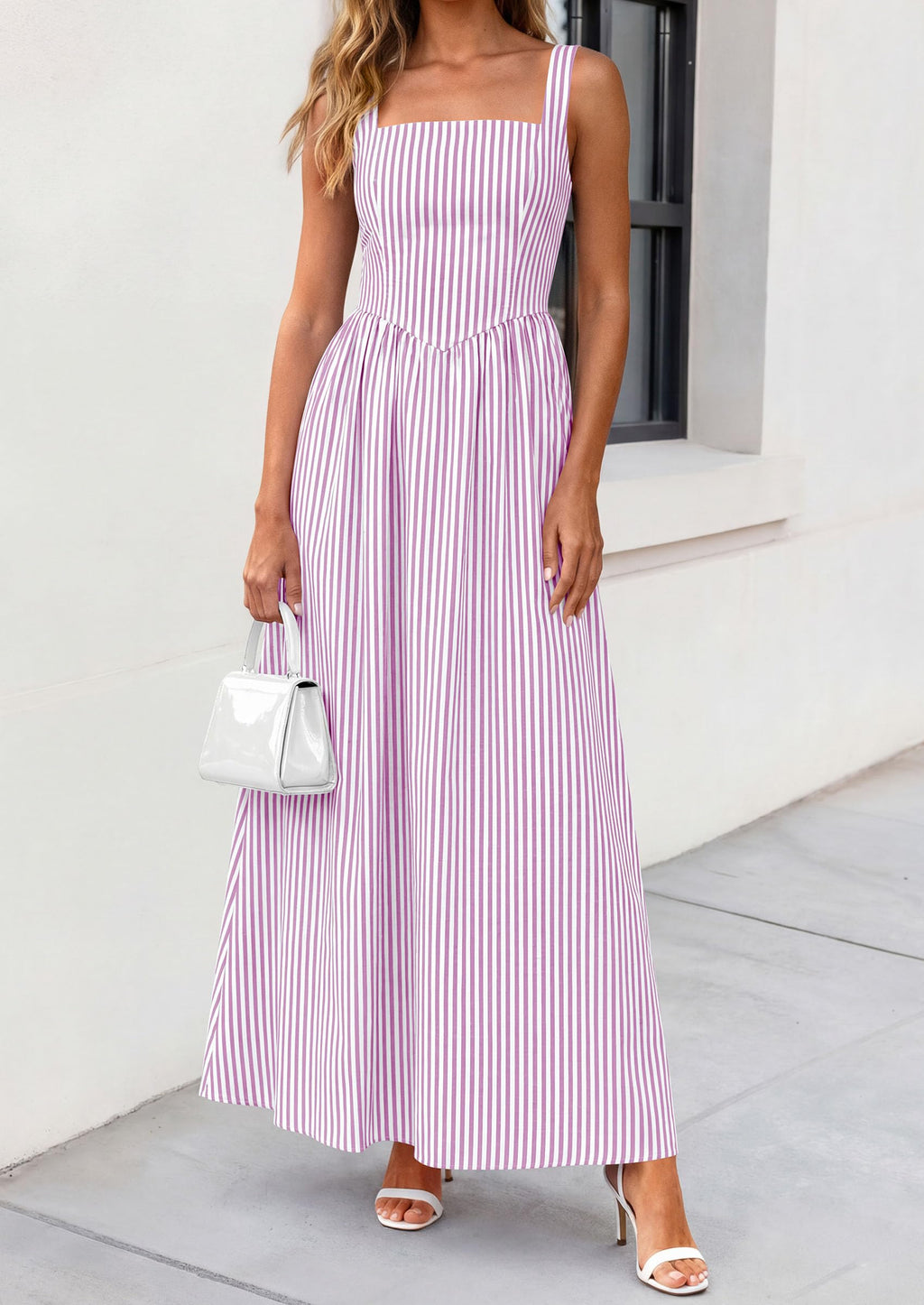 PRETTYGARDEN Women's Maxi Striped Dress Summer Sleeveless Square Neck Smocked A Line Long Flowy Spring Vacation Sundress