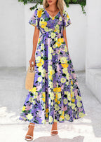 PRETTYGARDEN Women Floral Boho Maxi Dresses Short Sleeve V Neck Smocked A Line Long Flowy Beach Vacation Dress