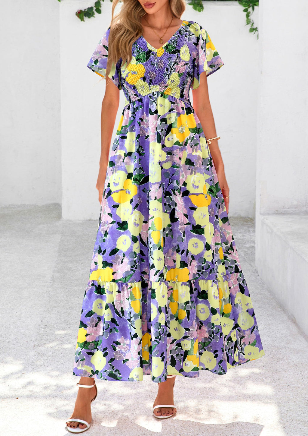 PRETTYGARDEN Women Floral Boho Maxi Dresses Short Sleeve V Neck Smocked A Line Long Flowy Beach Vacation Dress