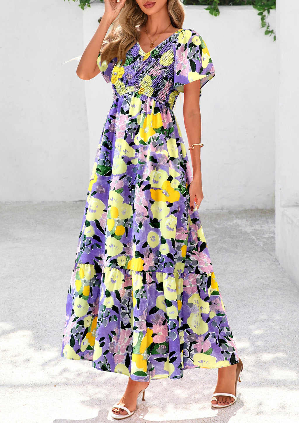 PRETTYGARDEN Women Floral Boho Maxi Dresses Short Sleeve V Neck Smocked A Line Long Flowy Beach Vacation Dress
