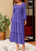 PRETTYGARDEN Women Fall Long Sleeve Smocked Maxi Dress Casual Square Neck Swiss Dot Tiered Ruffle Flowy Spring Pocket Dresses