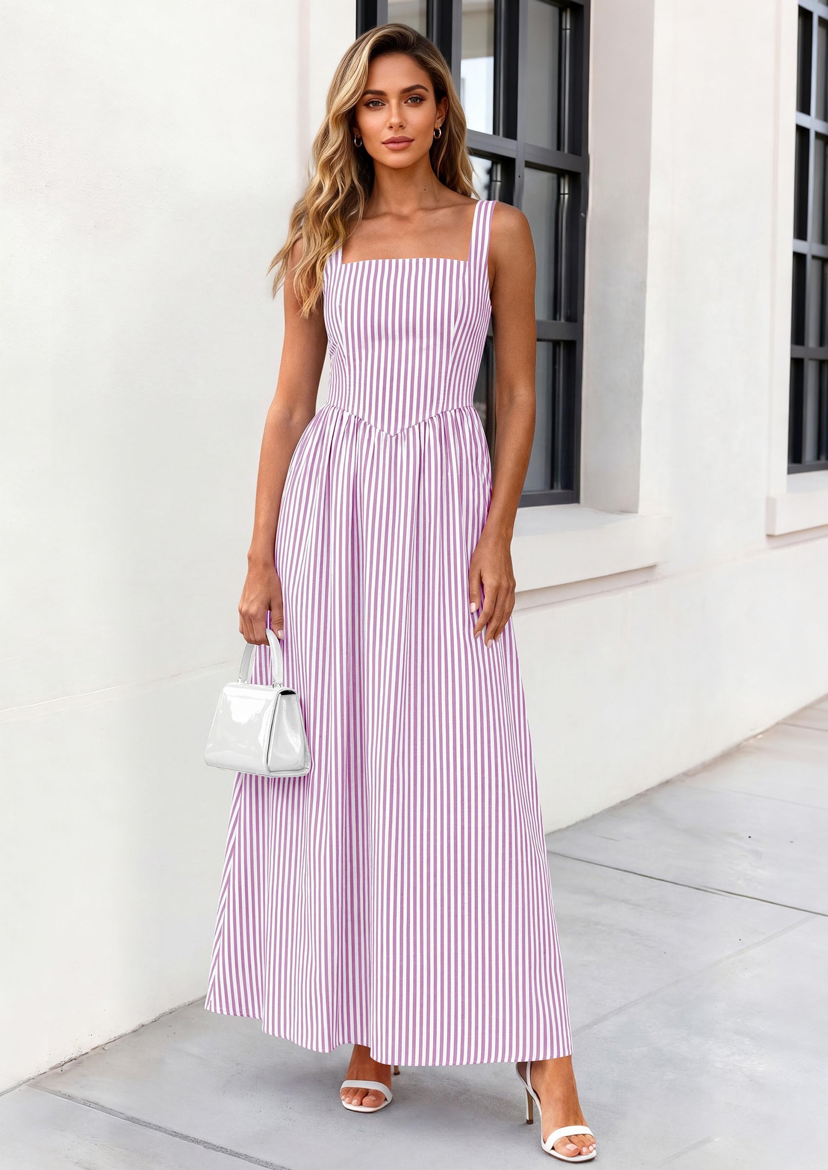 PRETTYGARDEN Women's Maxi Striped Dress Summer Sleeveless Square Neck Smocked A Line Long Flowy Spring Vacation Sundress