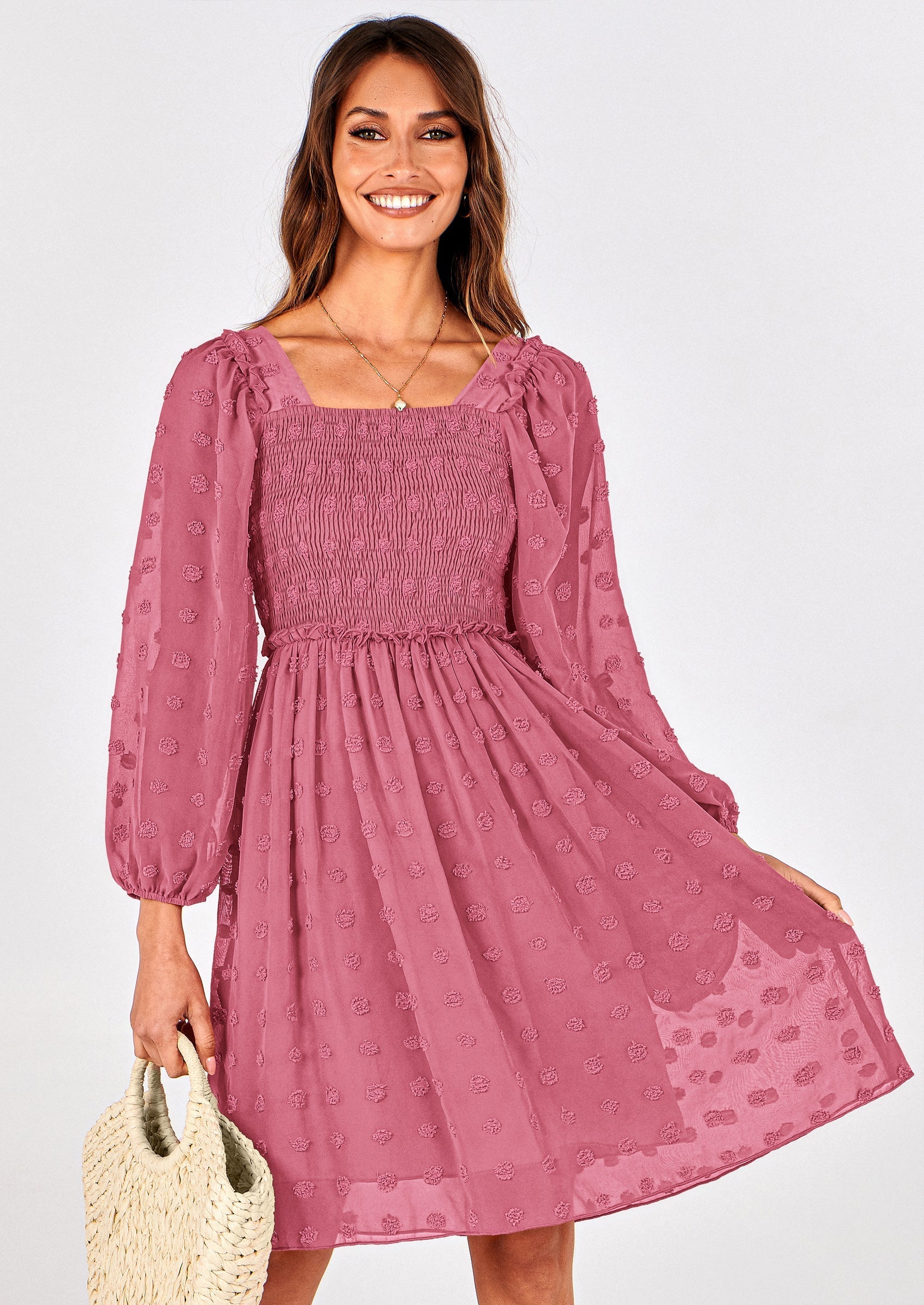 BTFBM Womens Long Sleeve Dress Vacation Square Neck Smocked Floral Swiss Dot Mini Boho Spring Wedding Guest Dresses