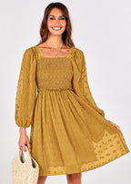 BTFBM Womens Long Sleeve Dress Vacation Square Neck Smocked Floral Swiss Dot Mini Boho Spring Wedding Guest Dresses